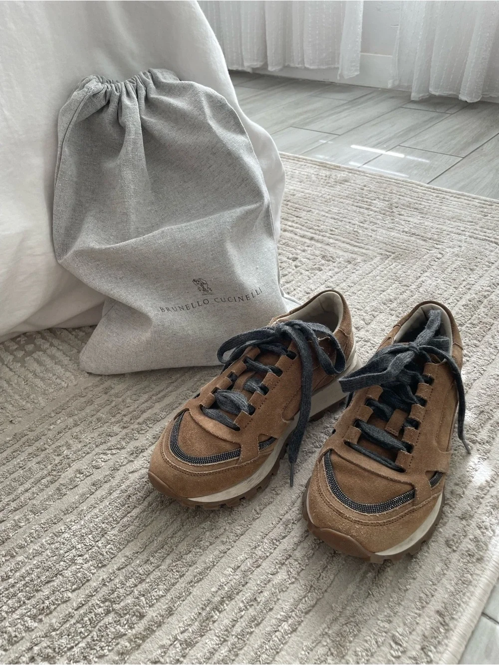 Brunello Cucinelli - Suede runners with Monili Copper Low Top Sneakers